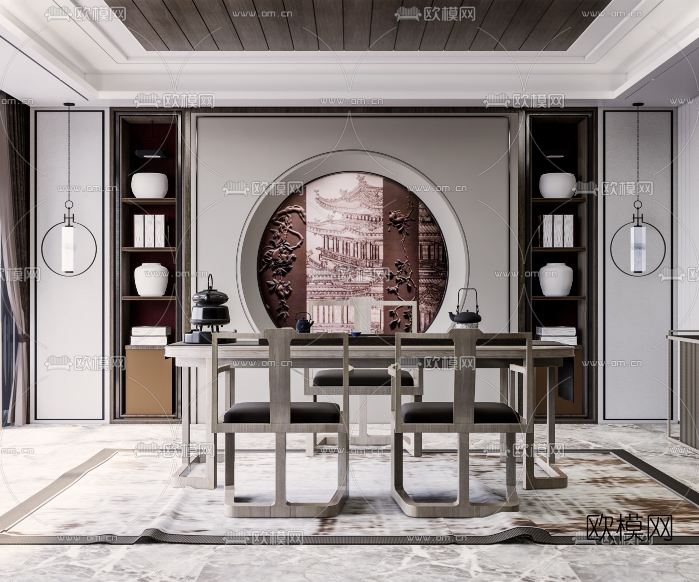 新中式书房su模型下载（渲染图1）