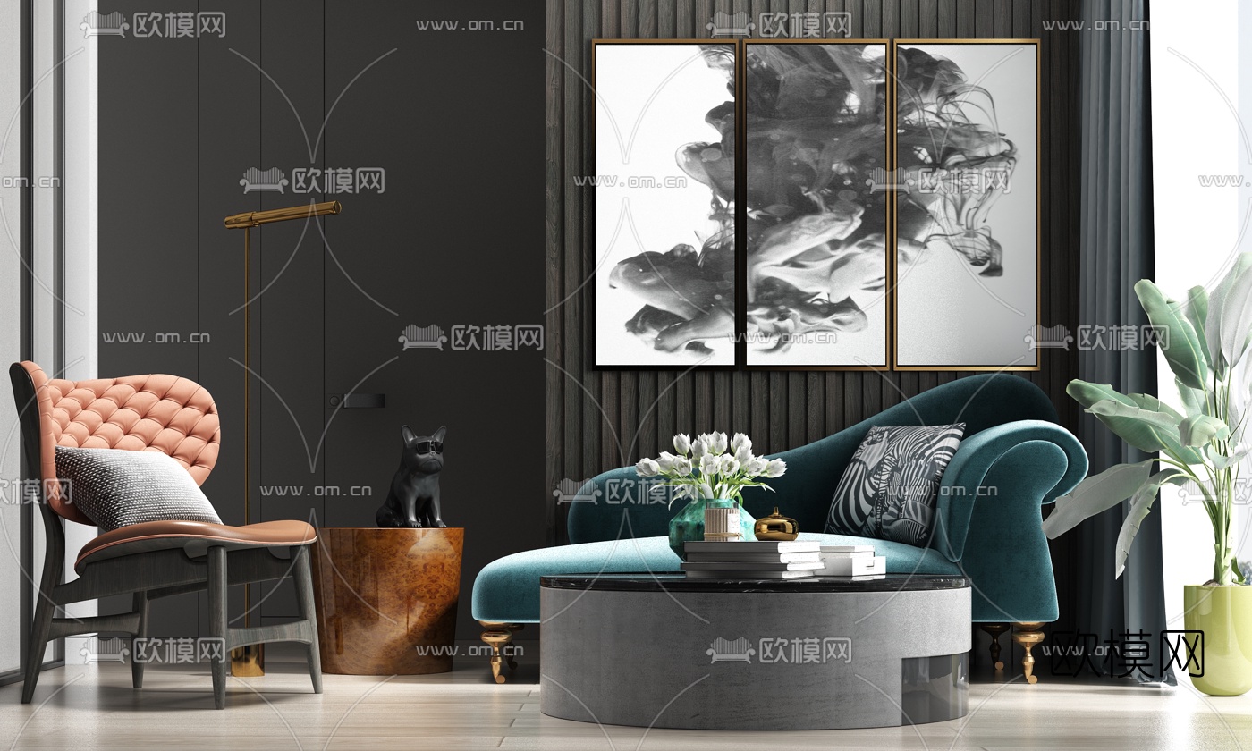 现代轻奢绒布贵妃椅3d模型