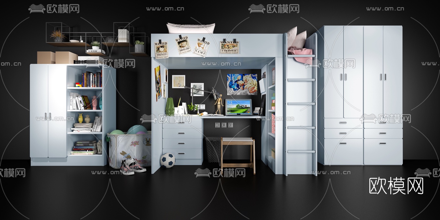 现代儿童床书桌衣柜书柜组合3d模型下载（渲染图3）
