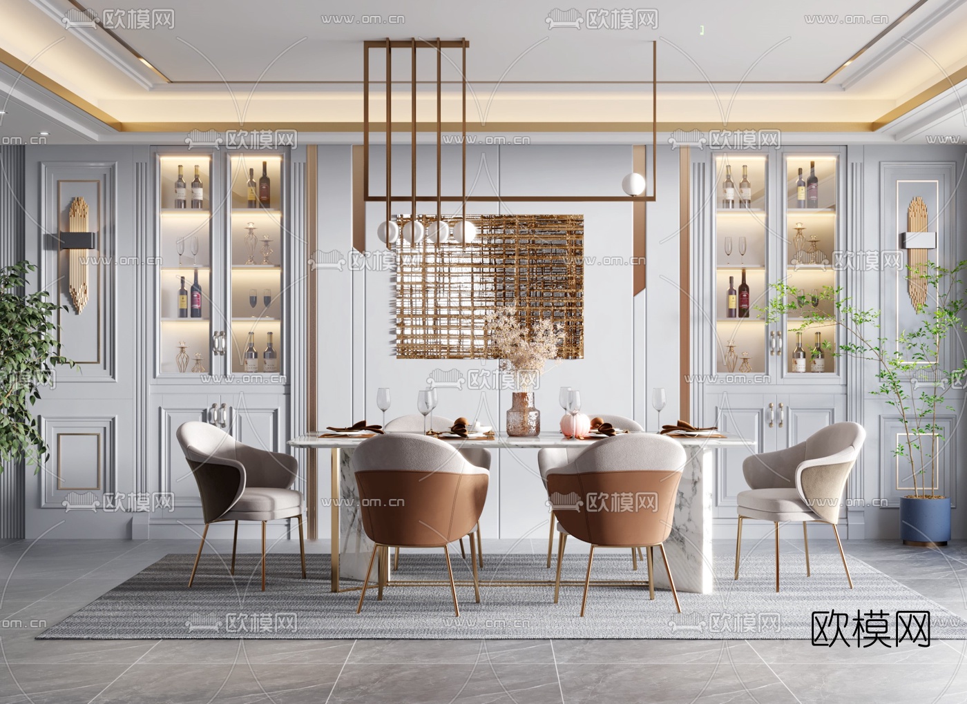 简欧大理石餐桌椅3d模型下载（渲染图1）