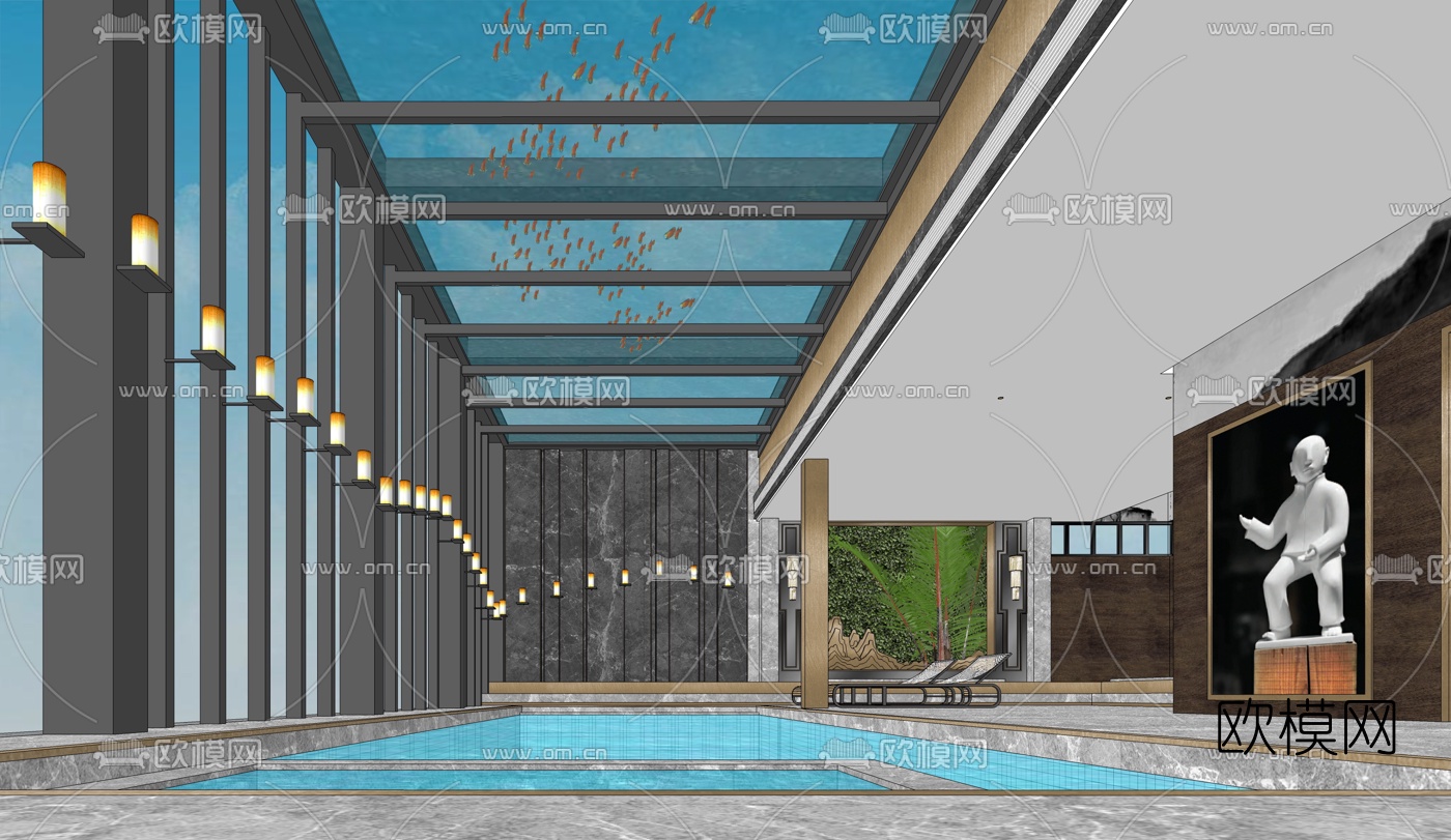 新中式室内游泳池su模型