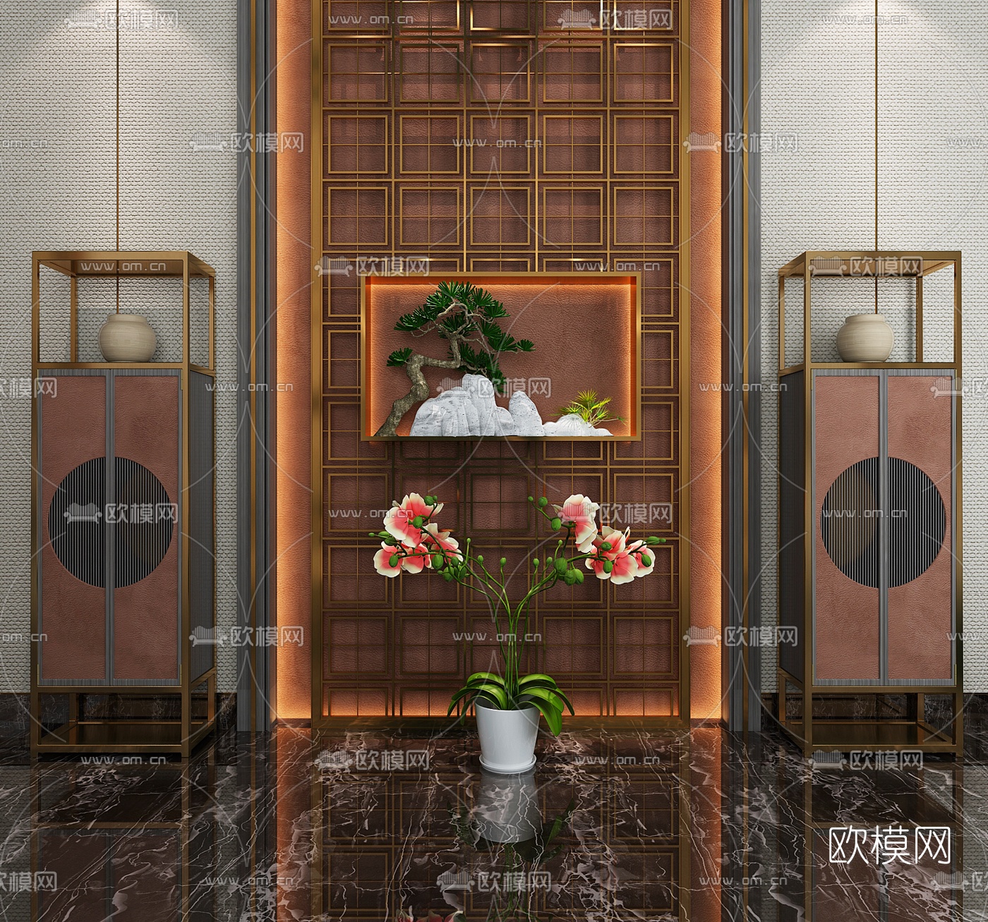 新中式背景墙3d模型