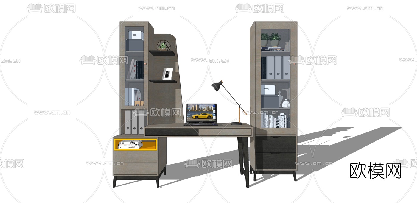 北欧书桌书柜组合su模型下载（渲染图1）