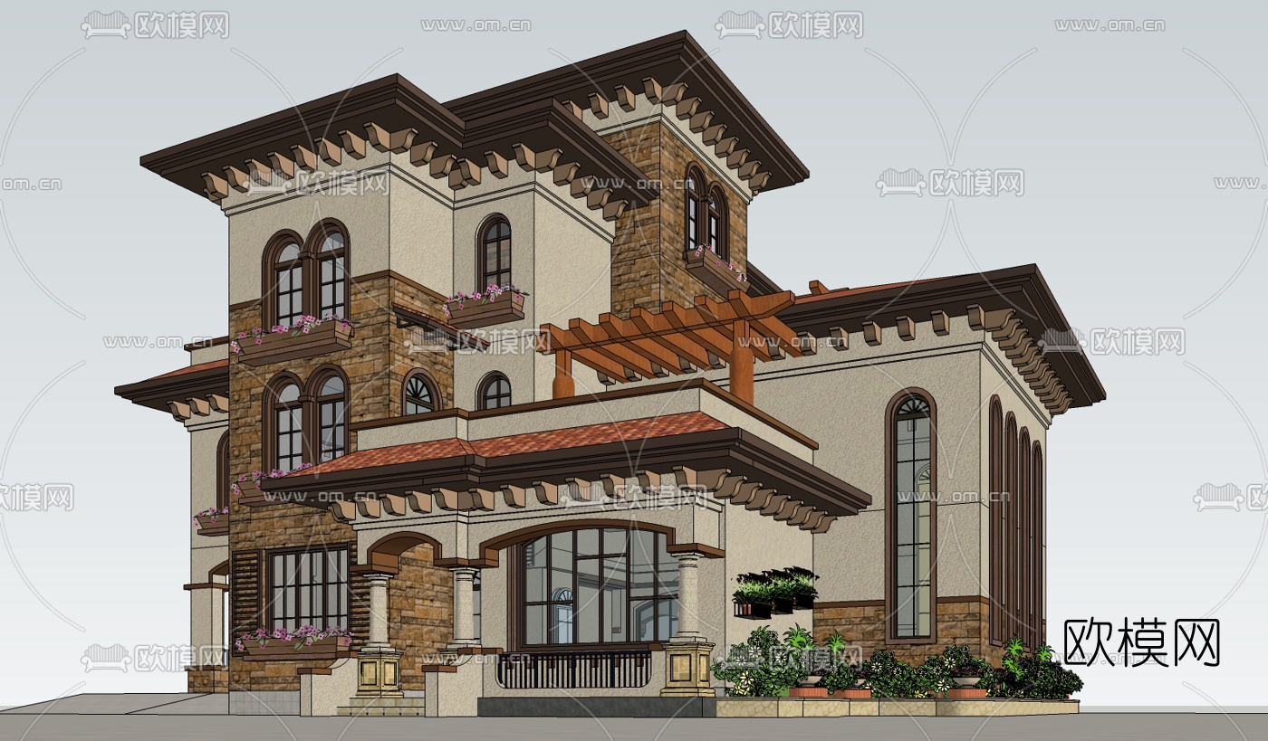 欧式独栋别墅su模型下载（渲染图1）