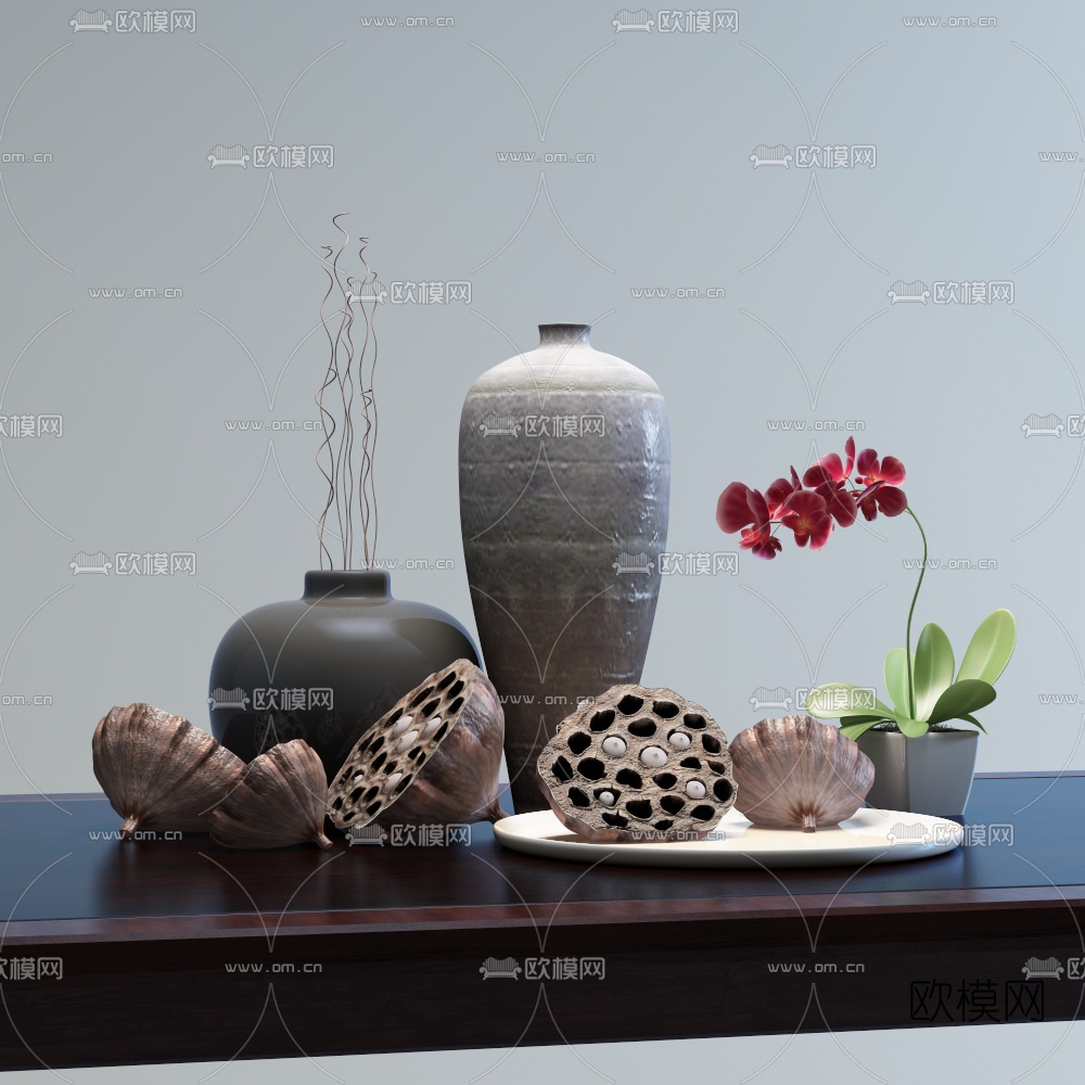 新中式陶罐莲花摆件3d模型下载_ID10015960_3dmax免费模型-欧模网