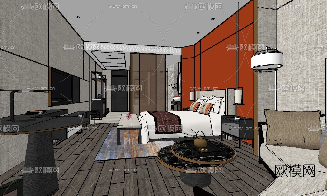 新中式酒店客房su模型下载