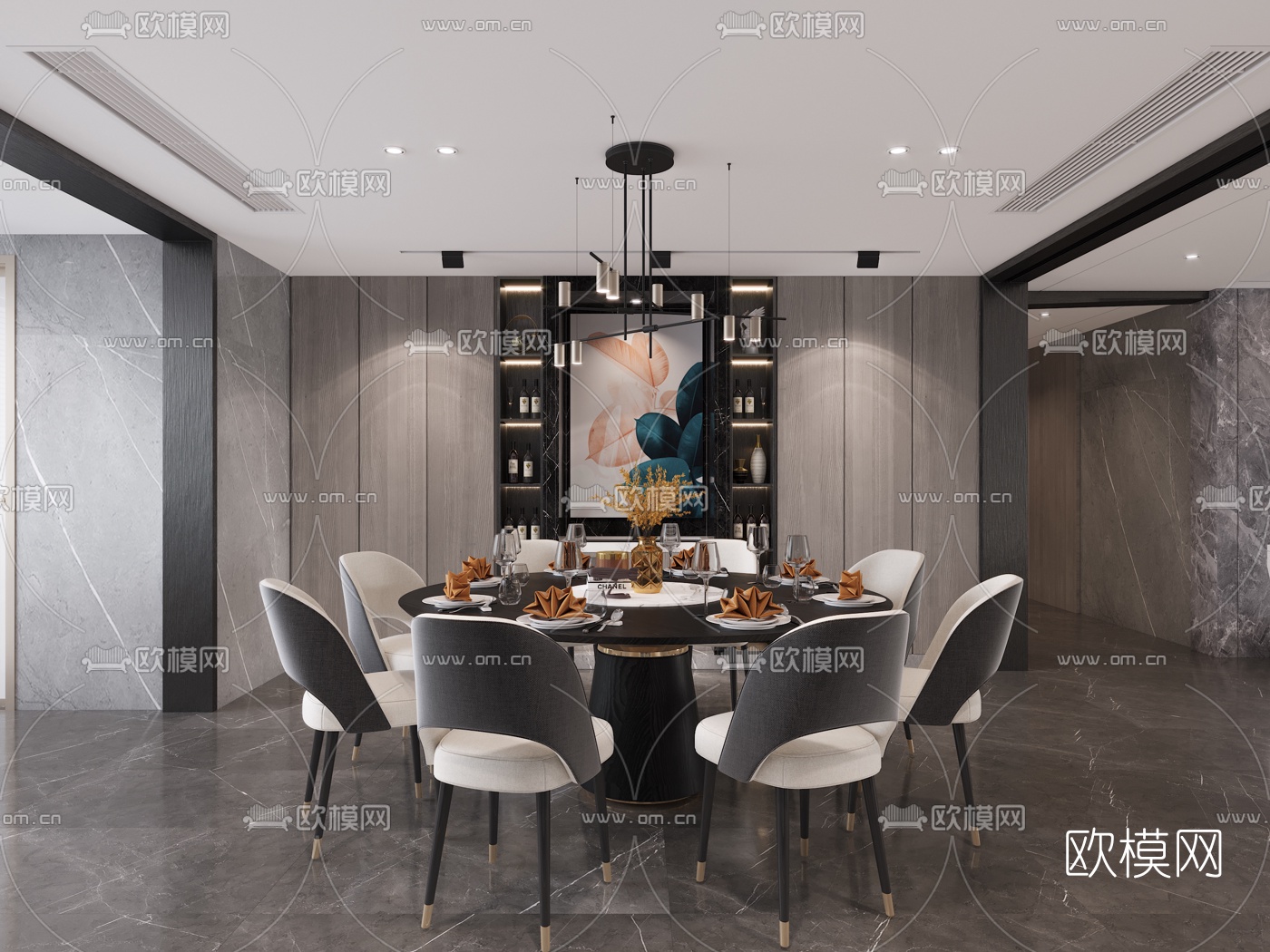 现代轻奢客厅餐厅3d模型