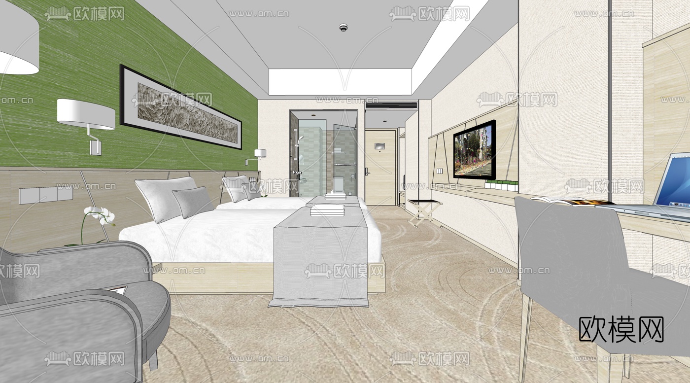 北欧酒店客房双人房su模型下载（渲染图5）