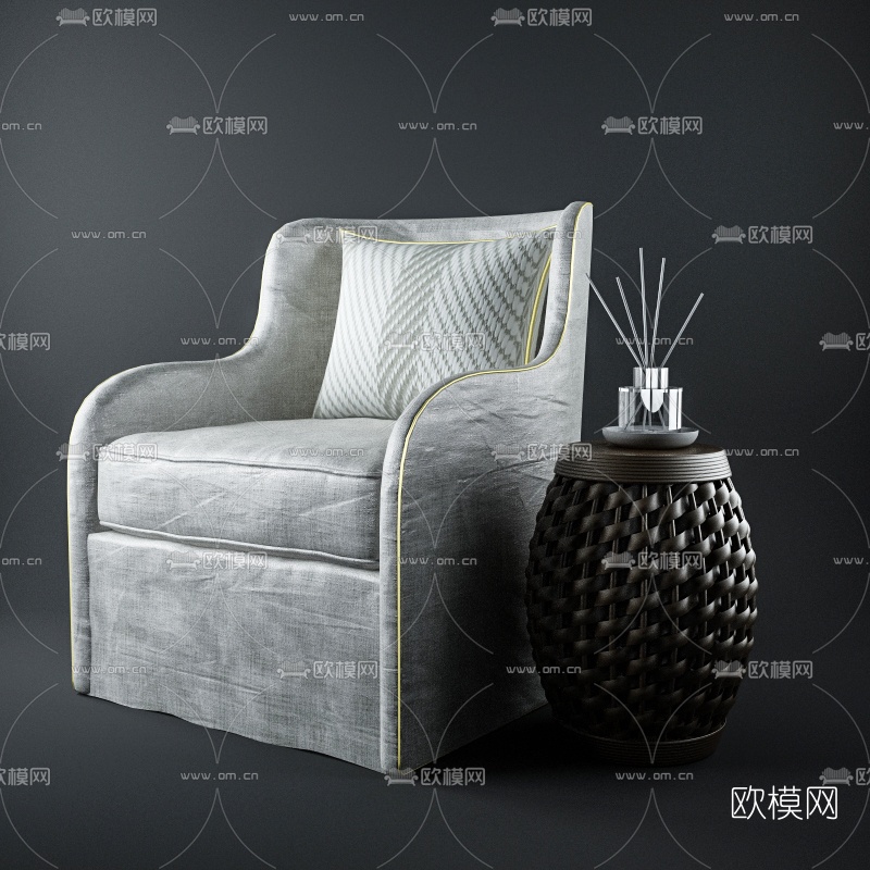 现代布艺单人沙发圆几组合3D模型-免费3dmax模型库-欧模网