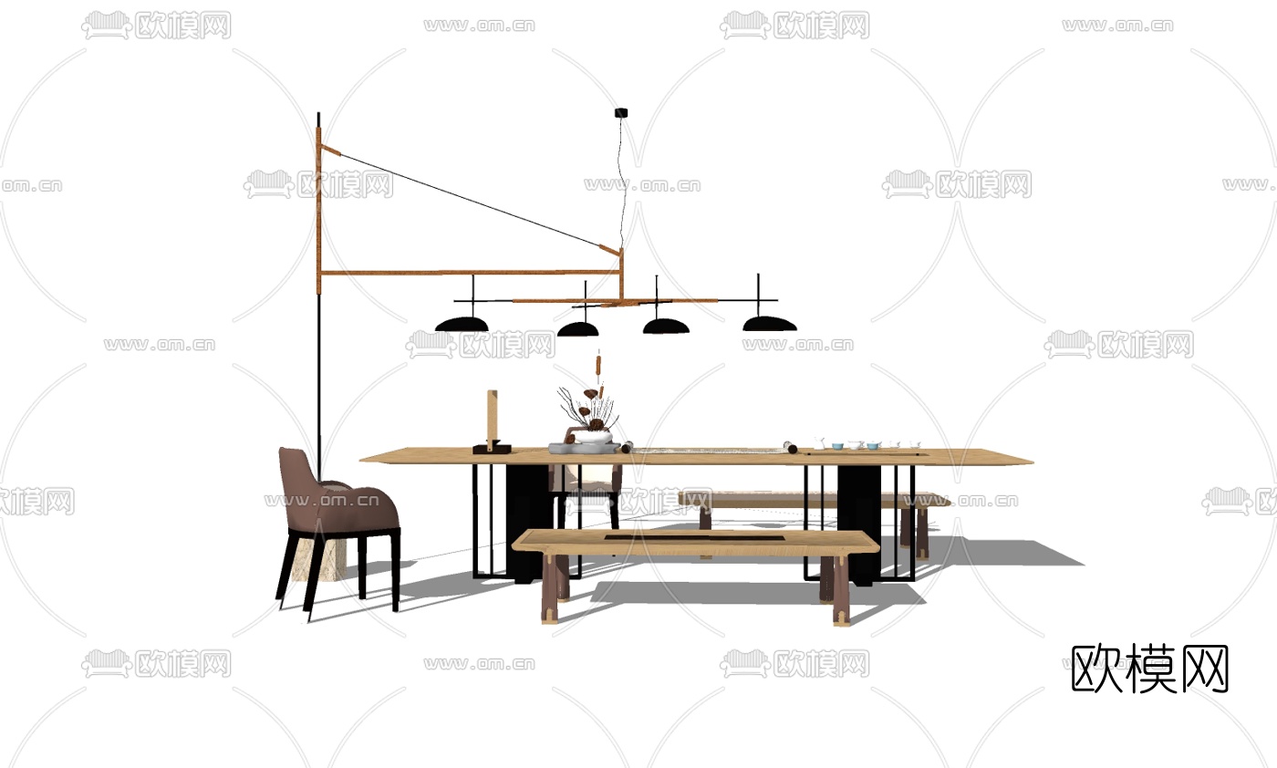 新中式茶桌椅组合su模型下载（渲染图2）