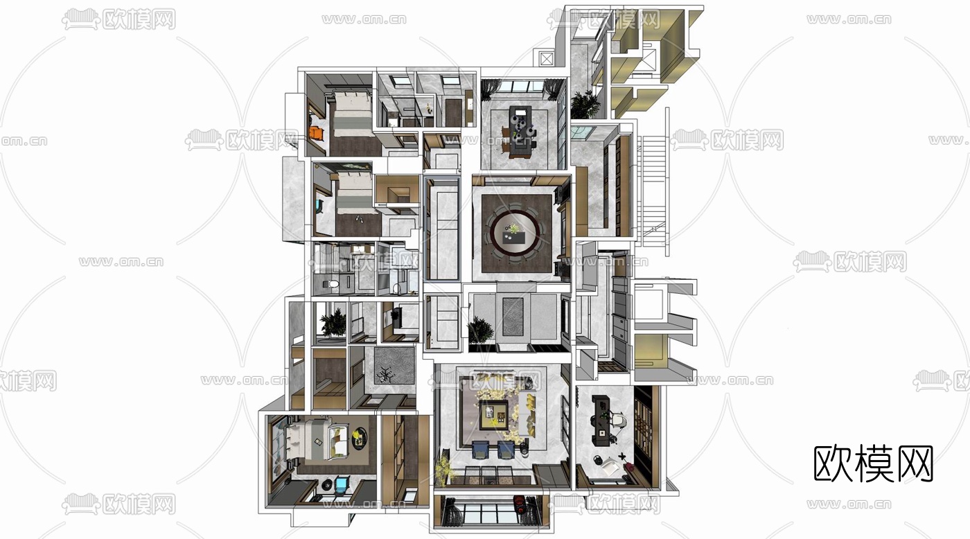 新中式客餐厅su模型下载（渲染图1）