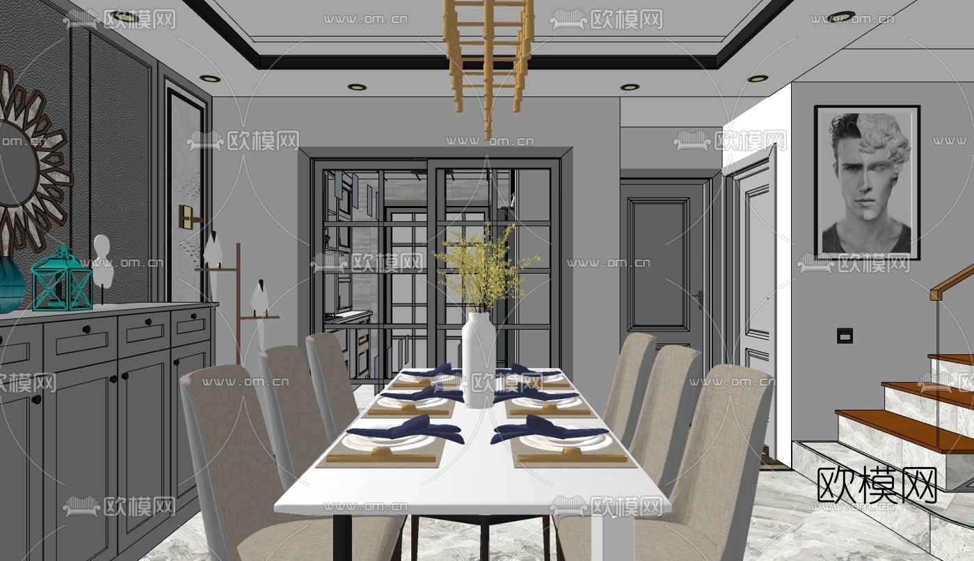 现代轻奢别墅客餐厅su模型
