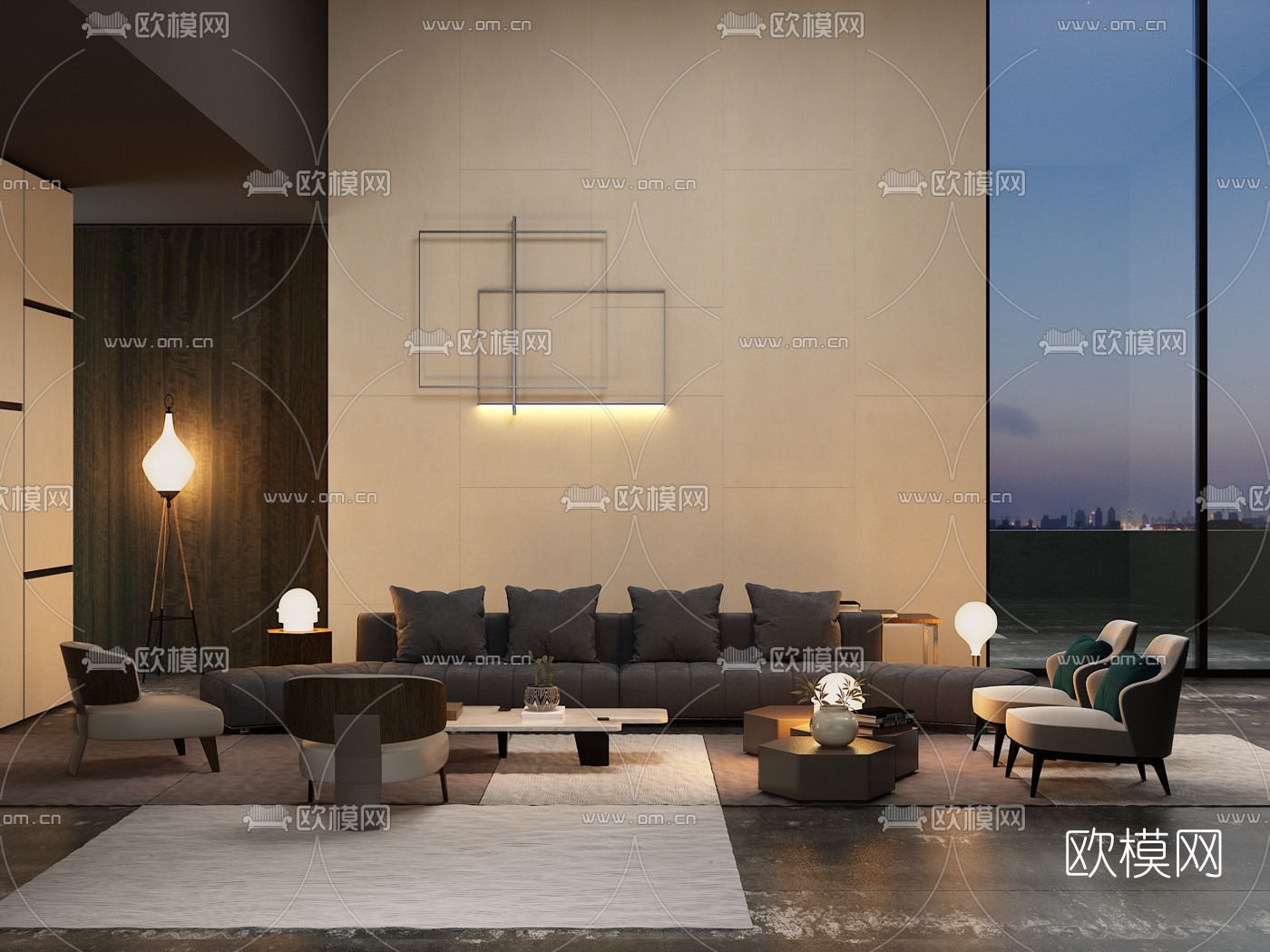 意大利Minotti现代多人沙发茶几摆件组合3D模型下载（渲染图1）