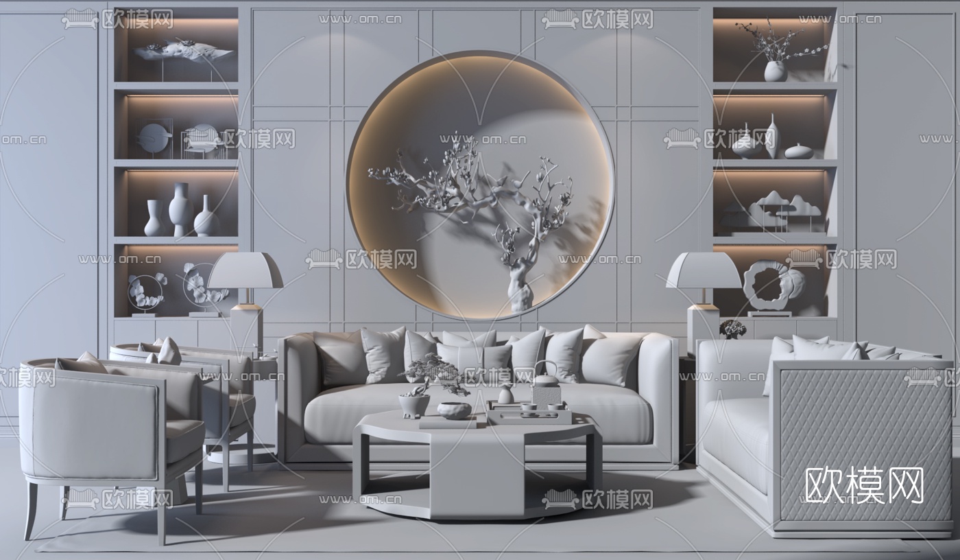 新中式沙发茶几组合3d模型-免费3dmax模型库-欧模网
