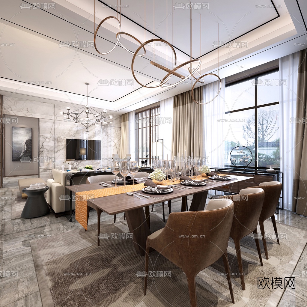 现代轻奢客厅餐厅3d模型