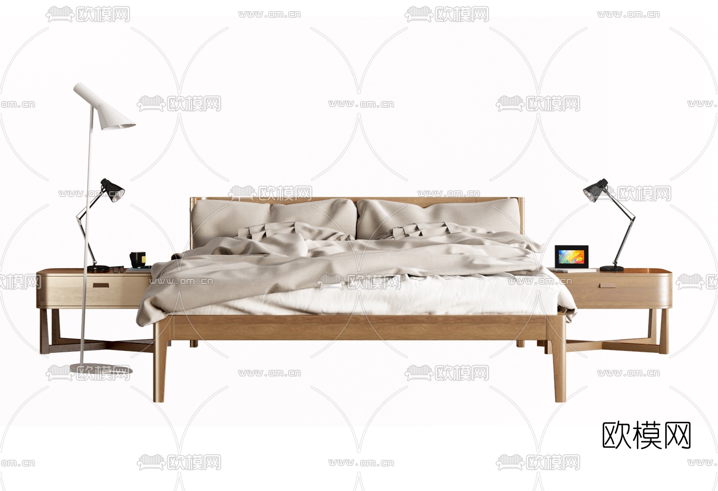 日式实木双人床3d模型下载