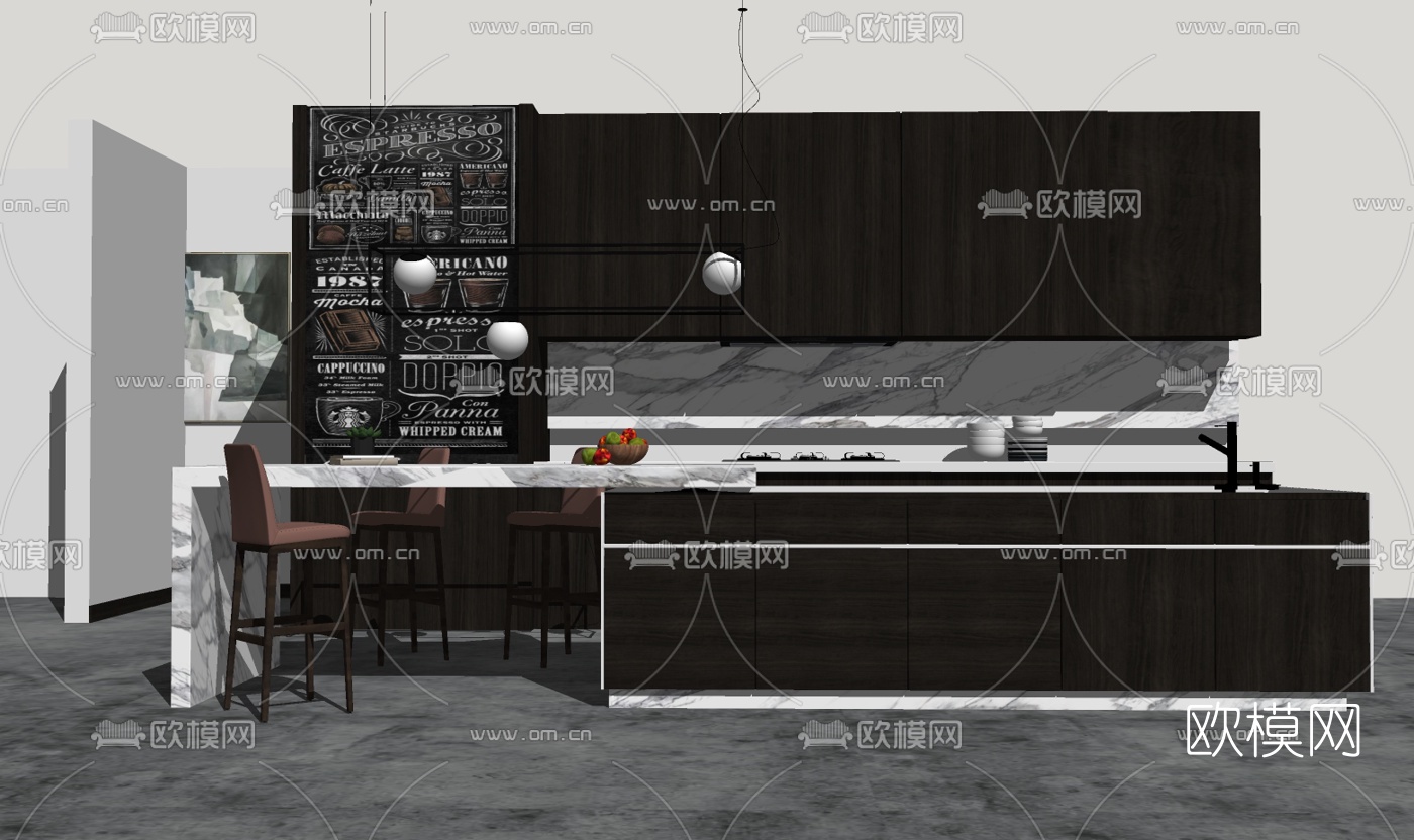 现代橱柜组合免费su模型下载（渲染图2）