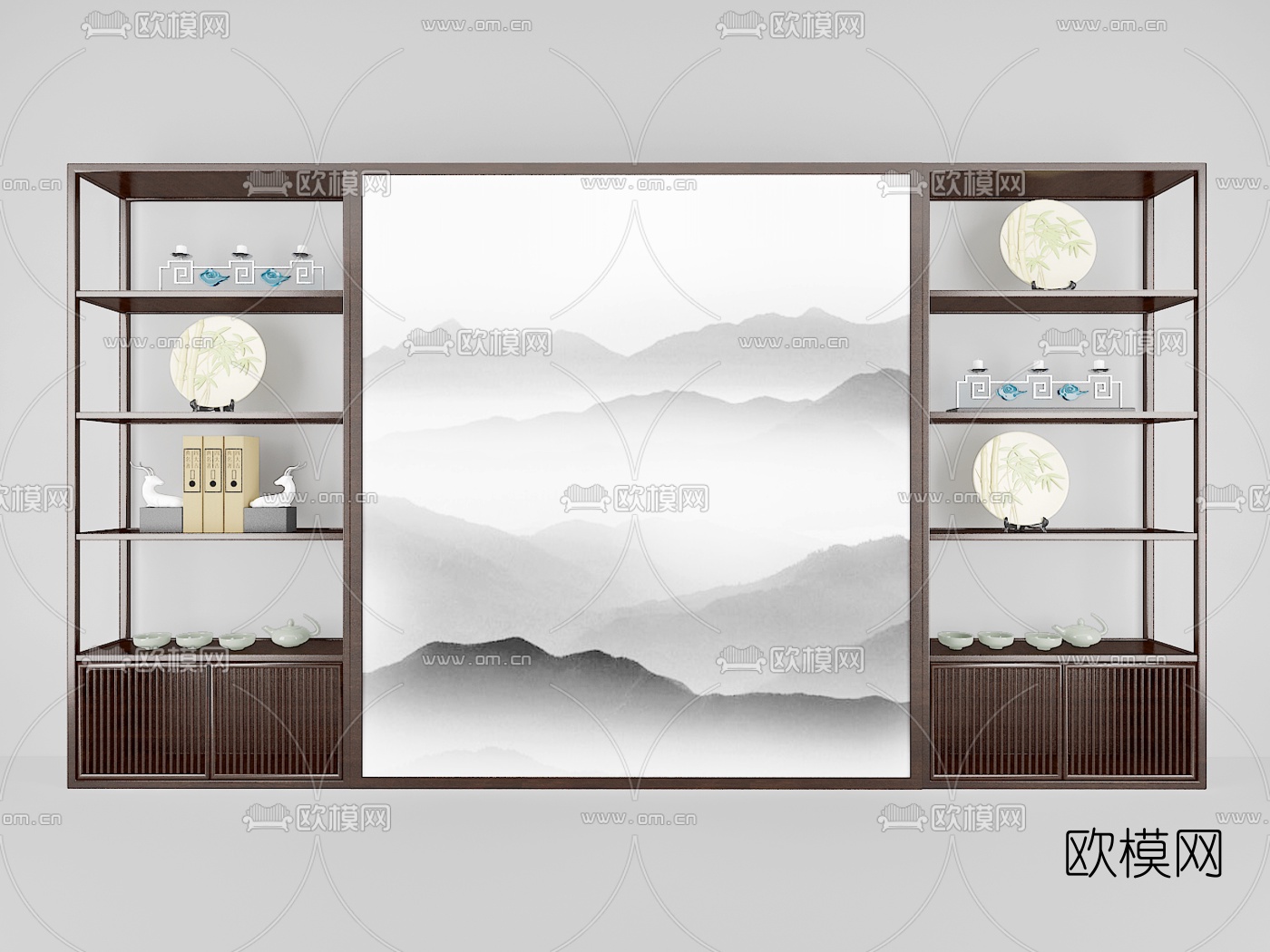 中式装饰柜摆件组合3d模型下载（渲染图2）