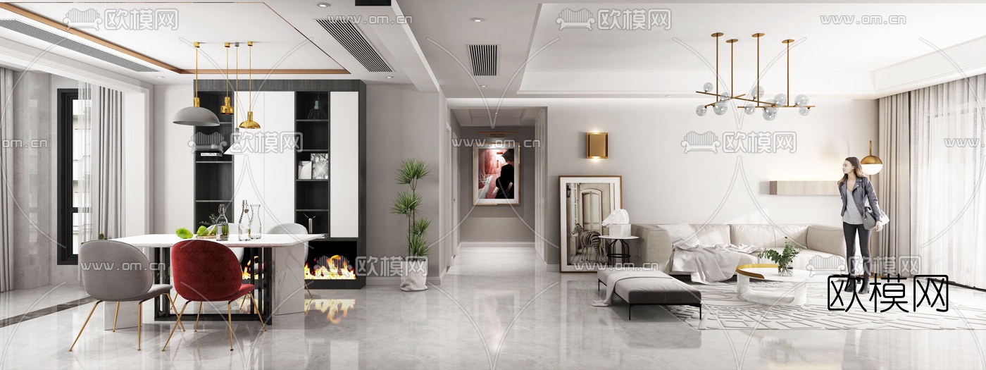 北欧客厅餐厅3d模型下载（渲染图2）