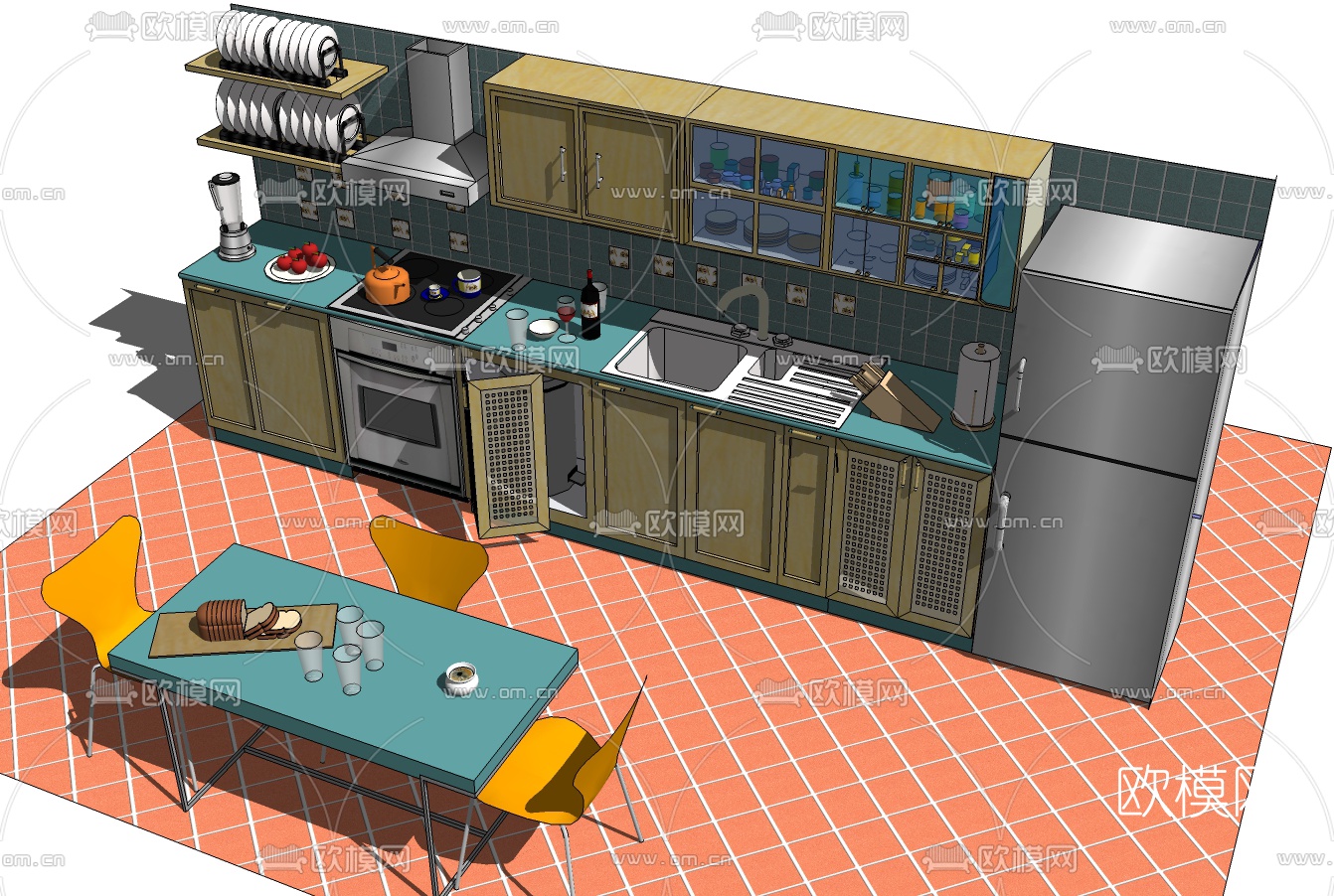 现代橱柜餐桌椅su模型下载（渲染图2）
