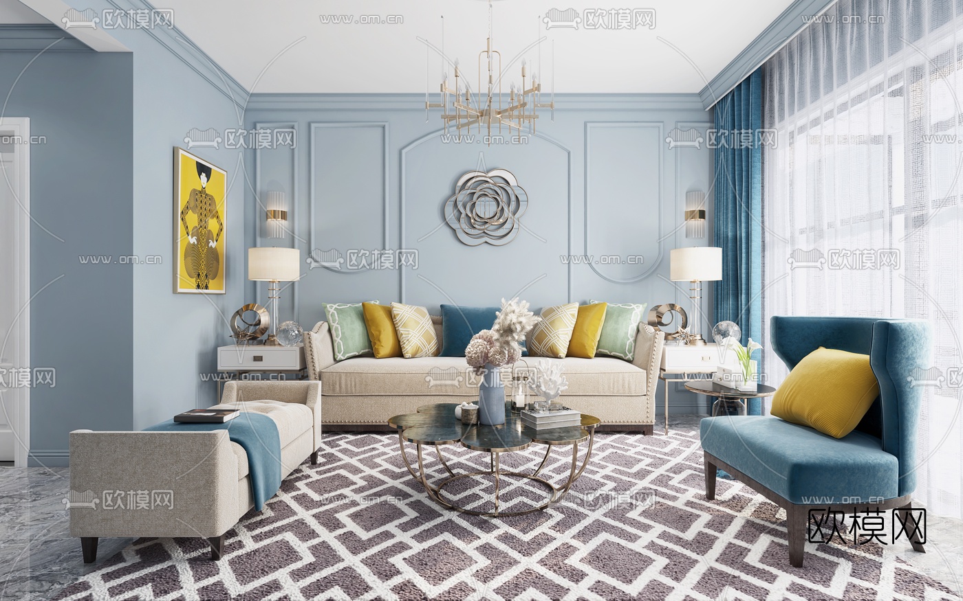 欧式客厅餐厅3d模型下载（渲染图4）