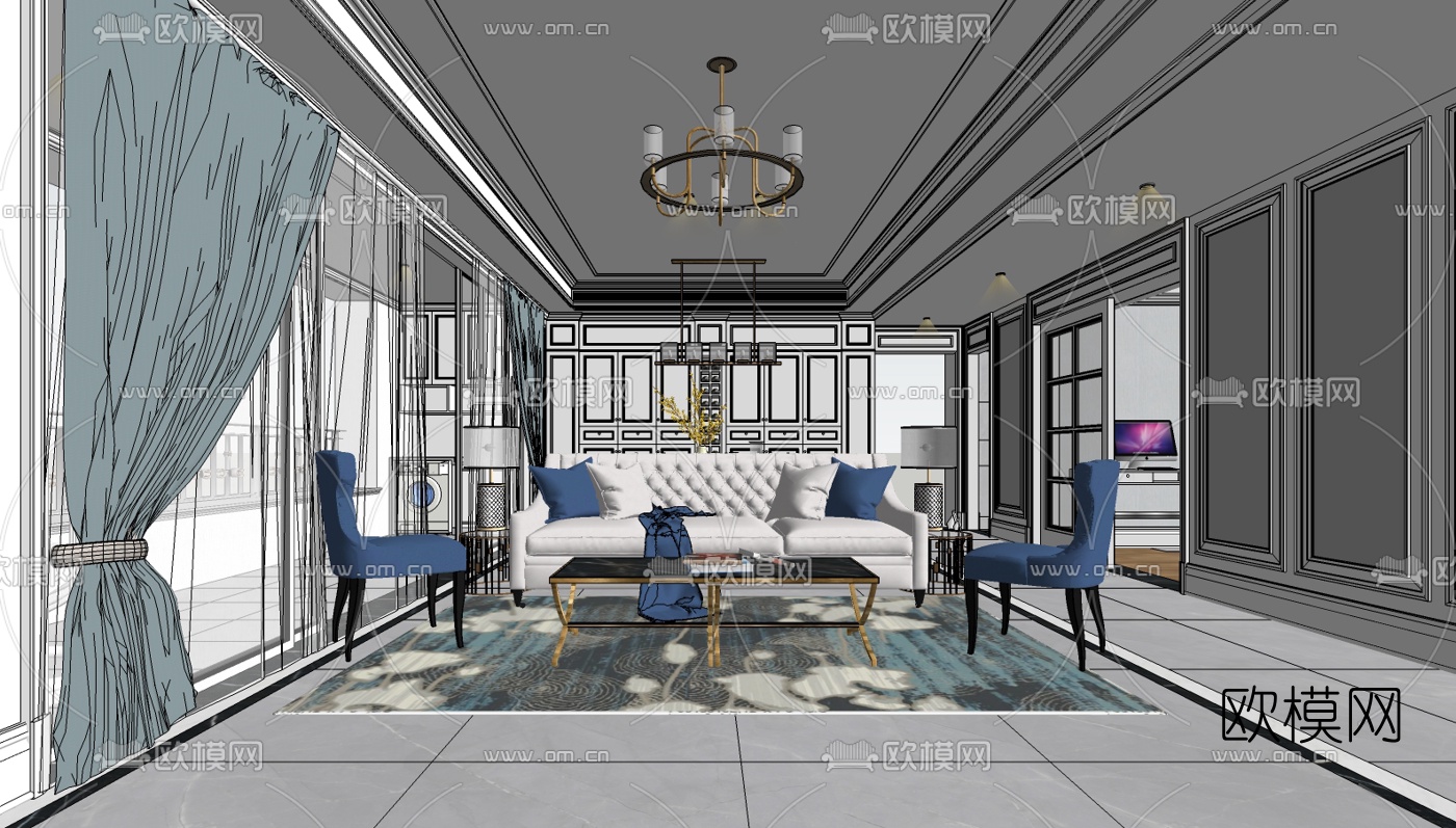 美式轻奢客餐厅su模型下载（渲染图9）