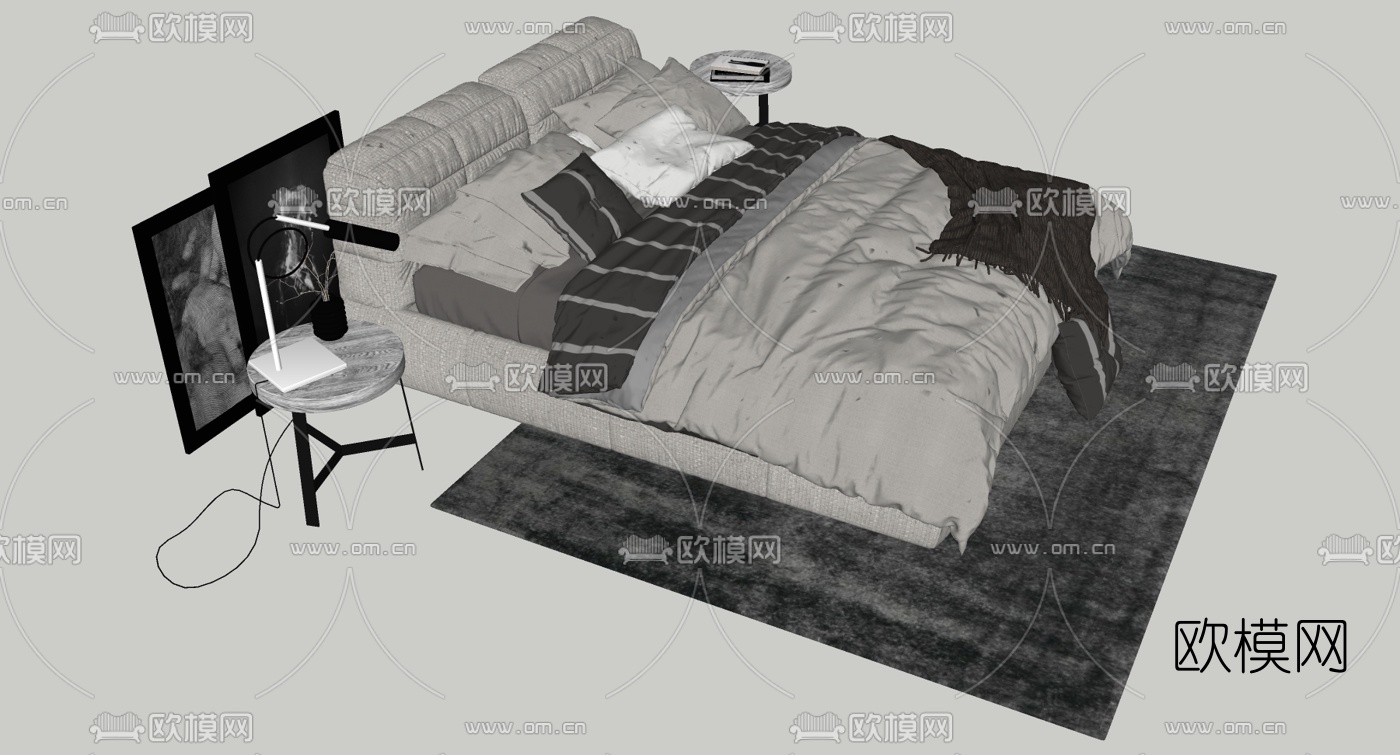 现代布艺双人床su模型下载（渲染图2）
