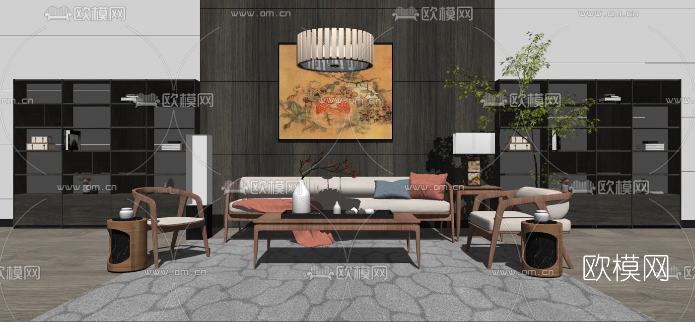 中式布艺组合沙发su模型下载