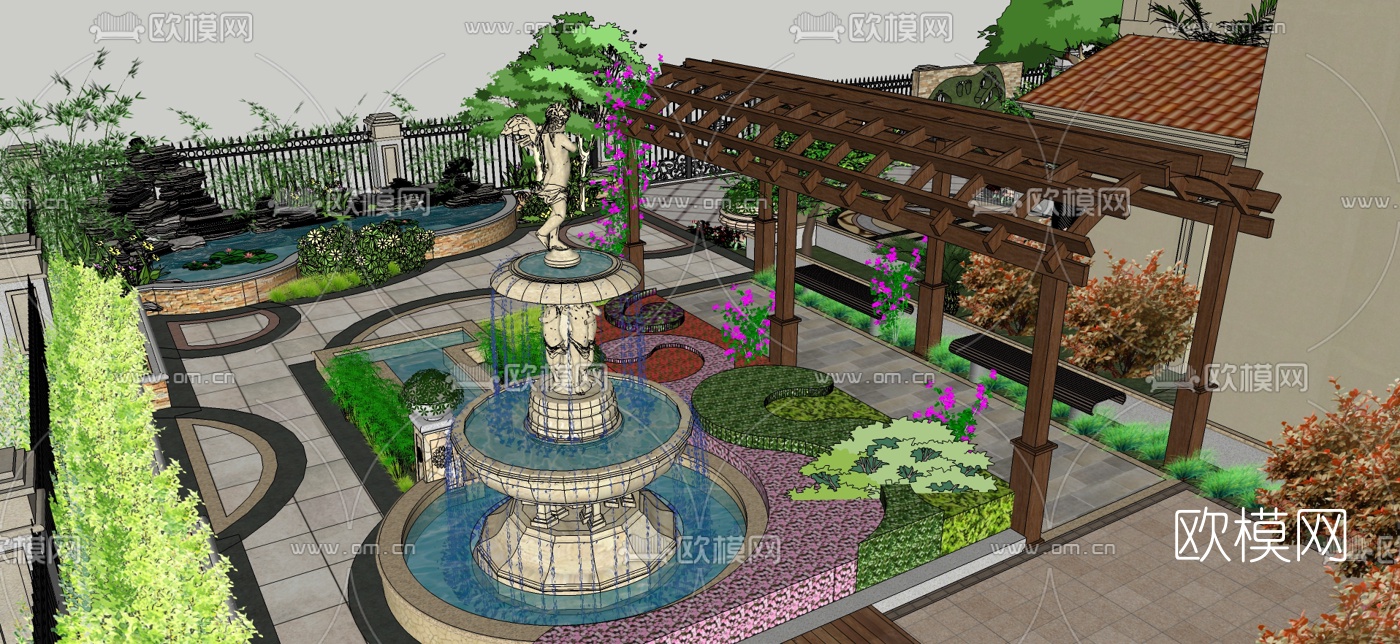 欧式别墅花园su模型下载（渲染图7）