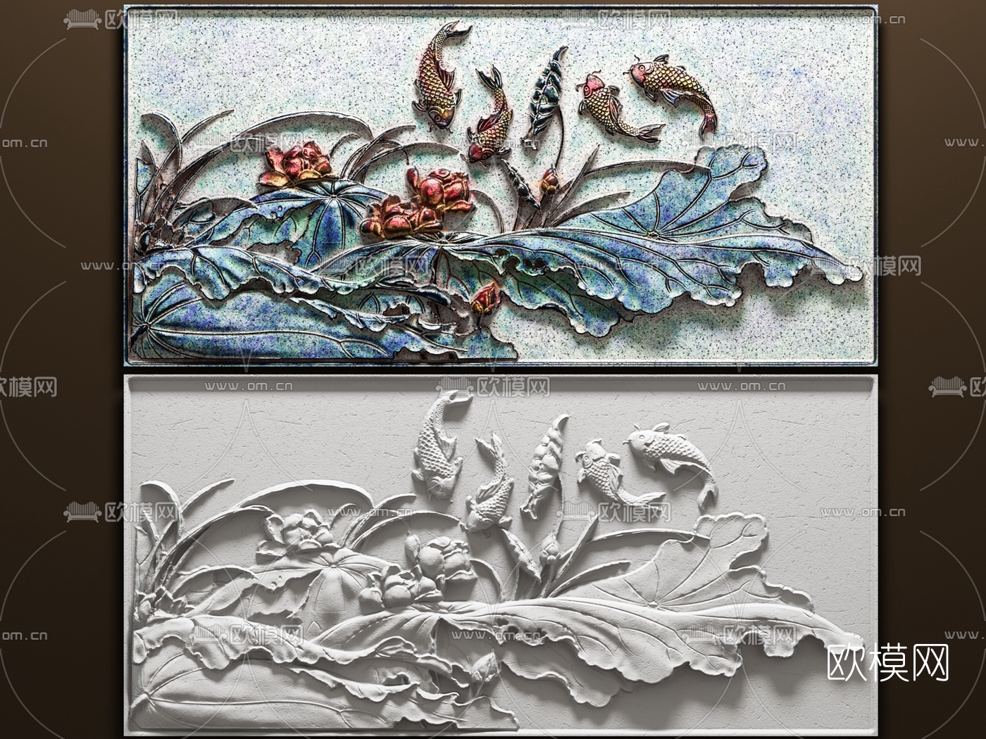 新中式荷花石板彩雕浮雕3d模型