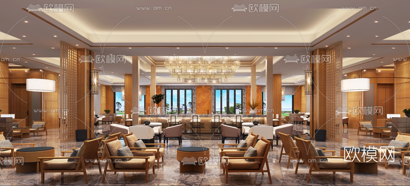 现代酒店大堂吧3d模型下载（渲染图1）