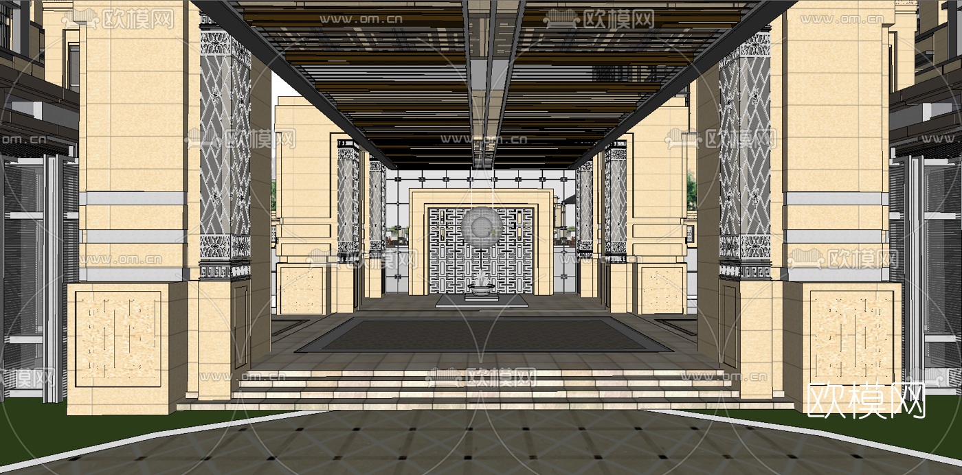新中式小区规划su模型下载（渲染图2）