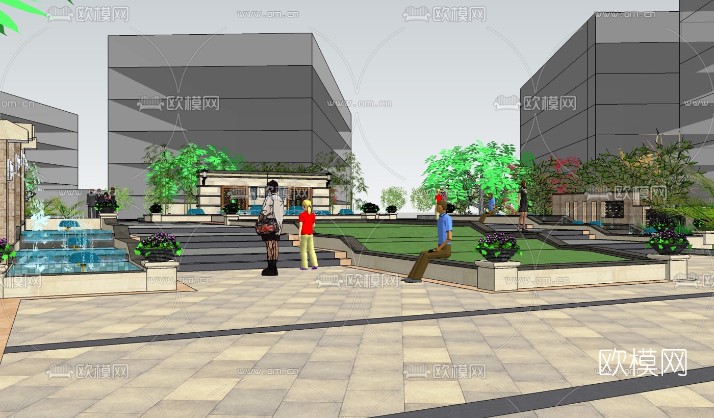 中式广场景观su模型下载（渲染图4）