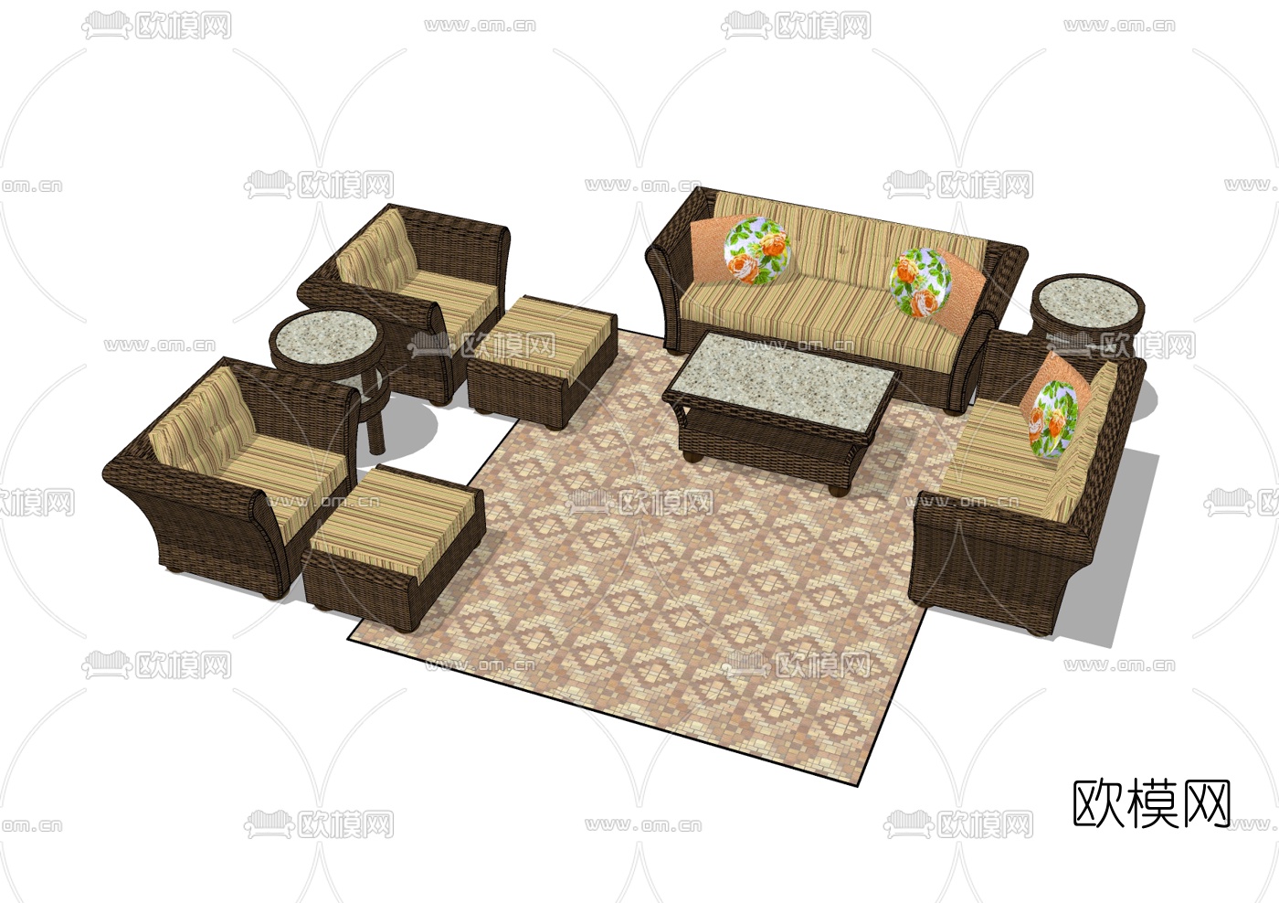 中式藤编户外沙发免费su模型下载