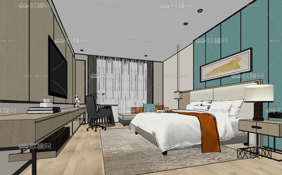 新中式酒店客房大床房su模型下载