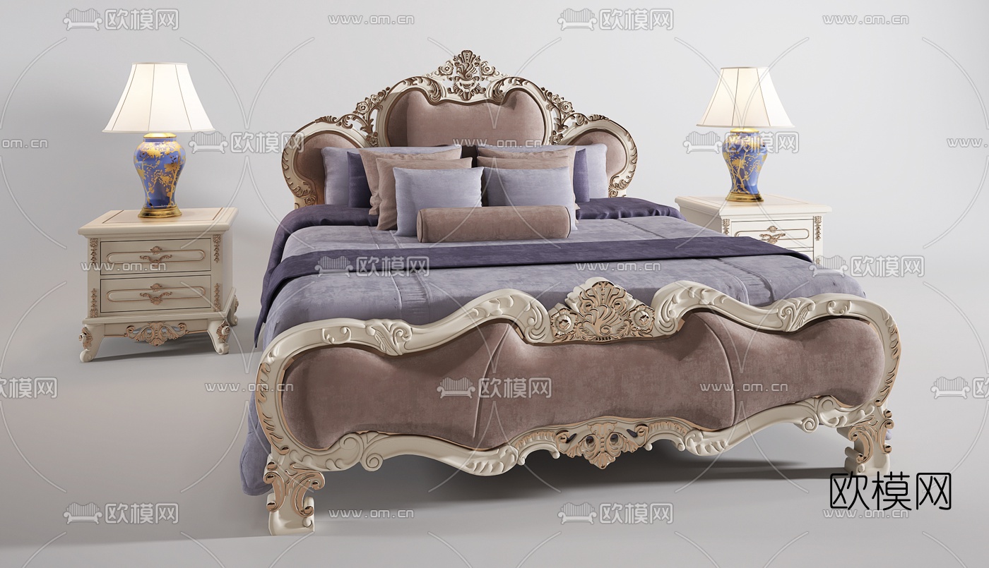 欧式双人床床头柜台灯组合3D模型下载