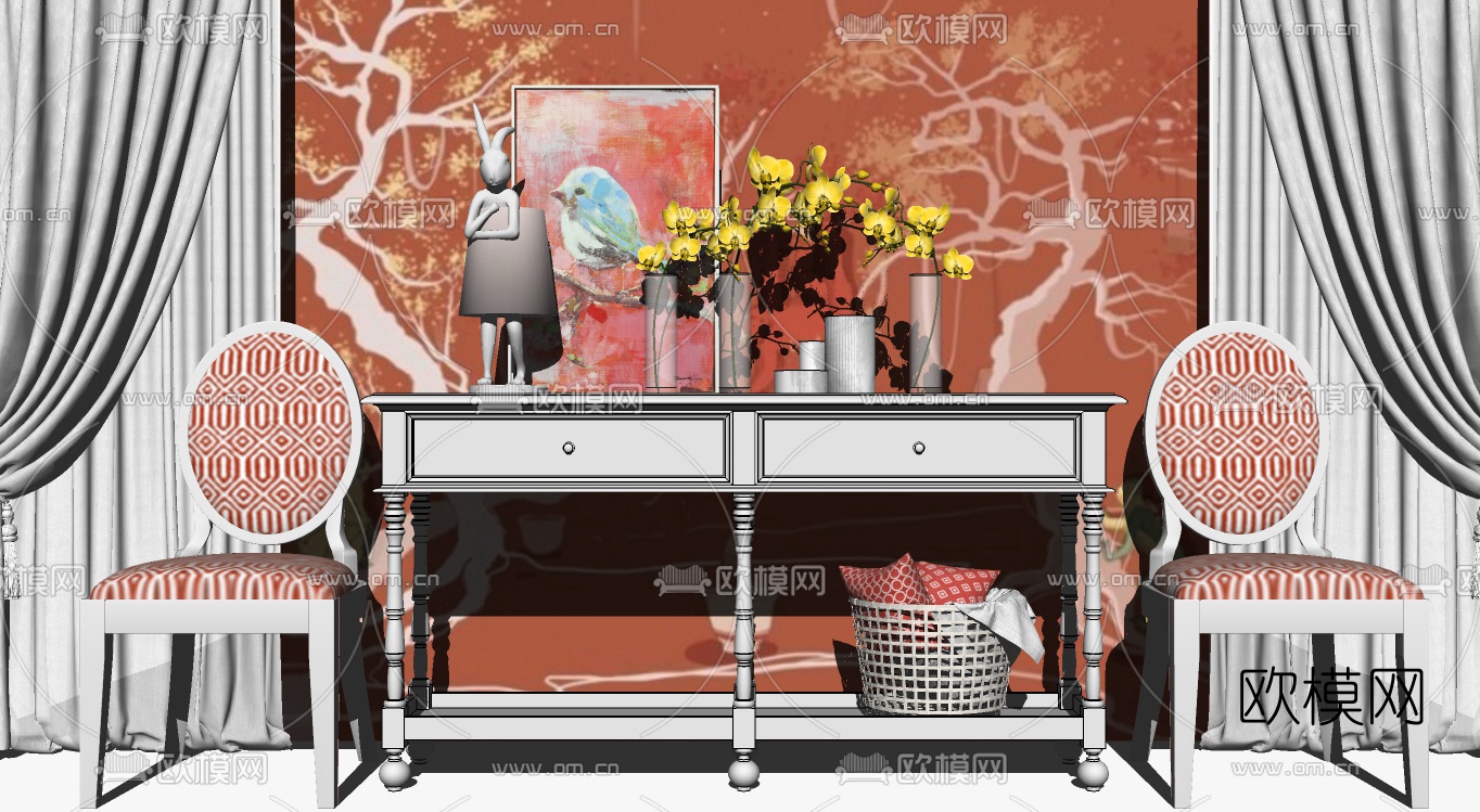 美式实木端景条案单椅su模型下载