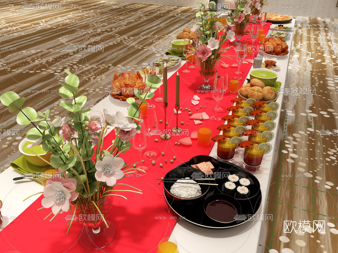 现代酒店西餐厅长桌食物3d模型