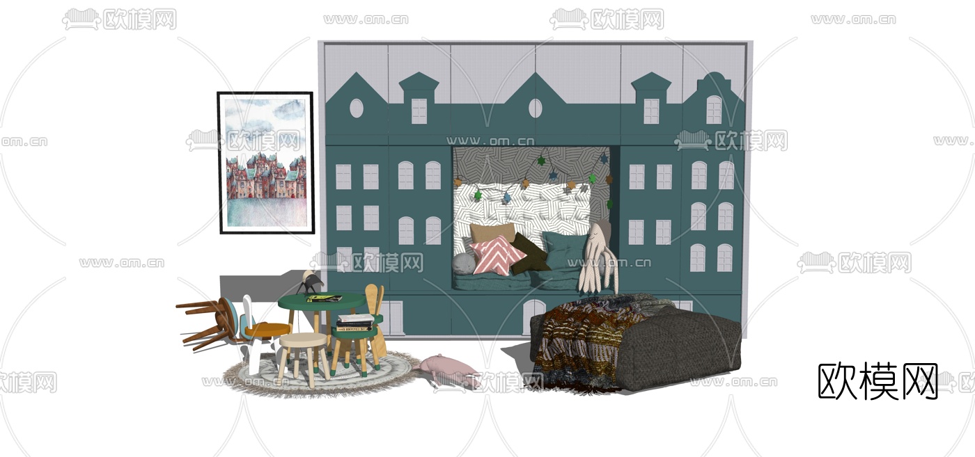 现代儿童桌椅柜子组合su模型下载（渲染图1）