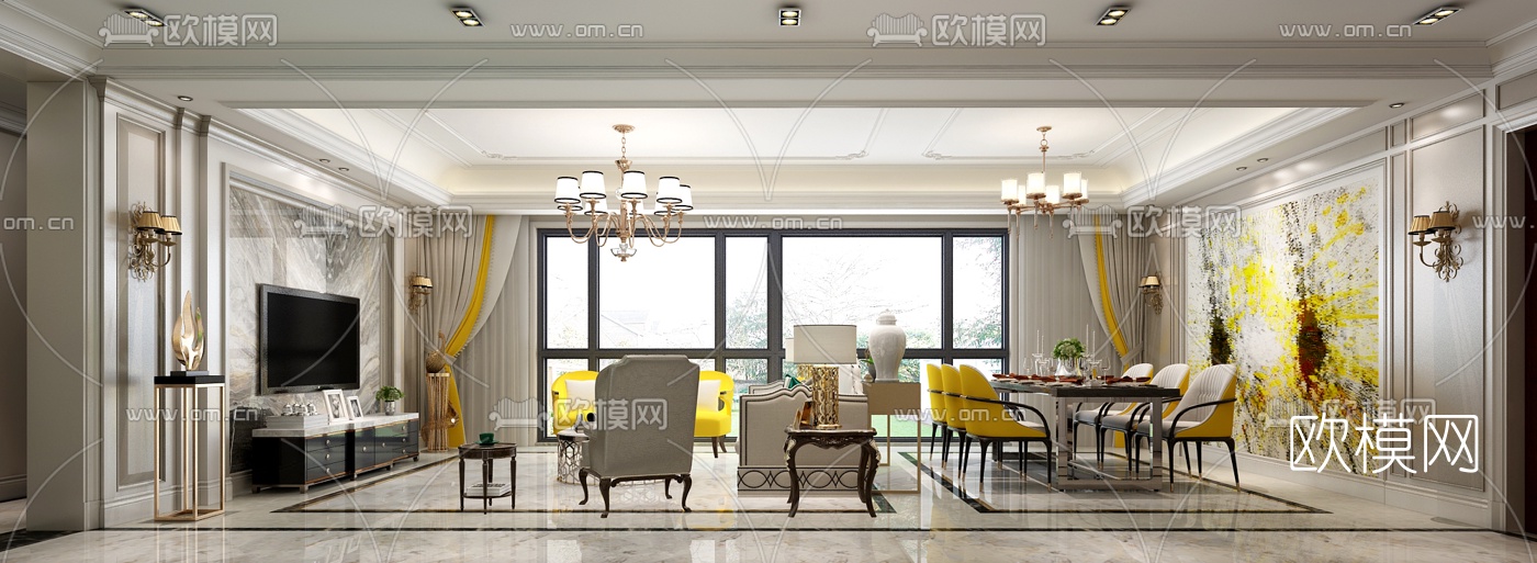 简欧客厅餐厅免费3d模型下载_ID10178356_3dmax免费模型-欧模网