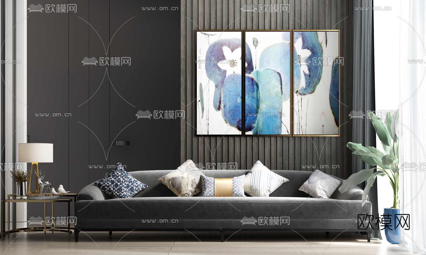 现代轻奢绒布多人沙发3d模型下载