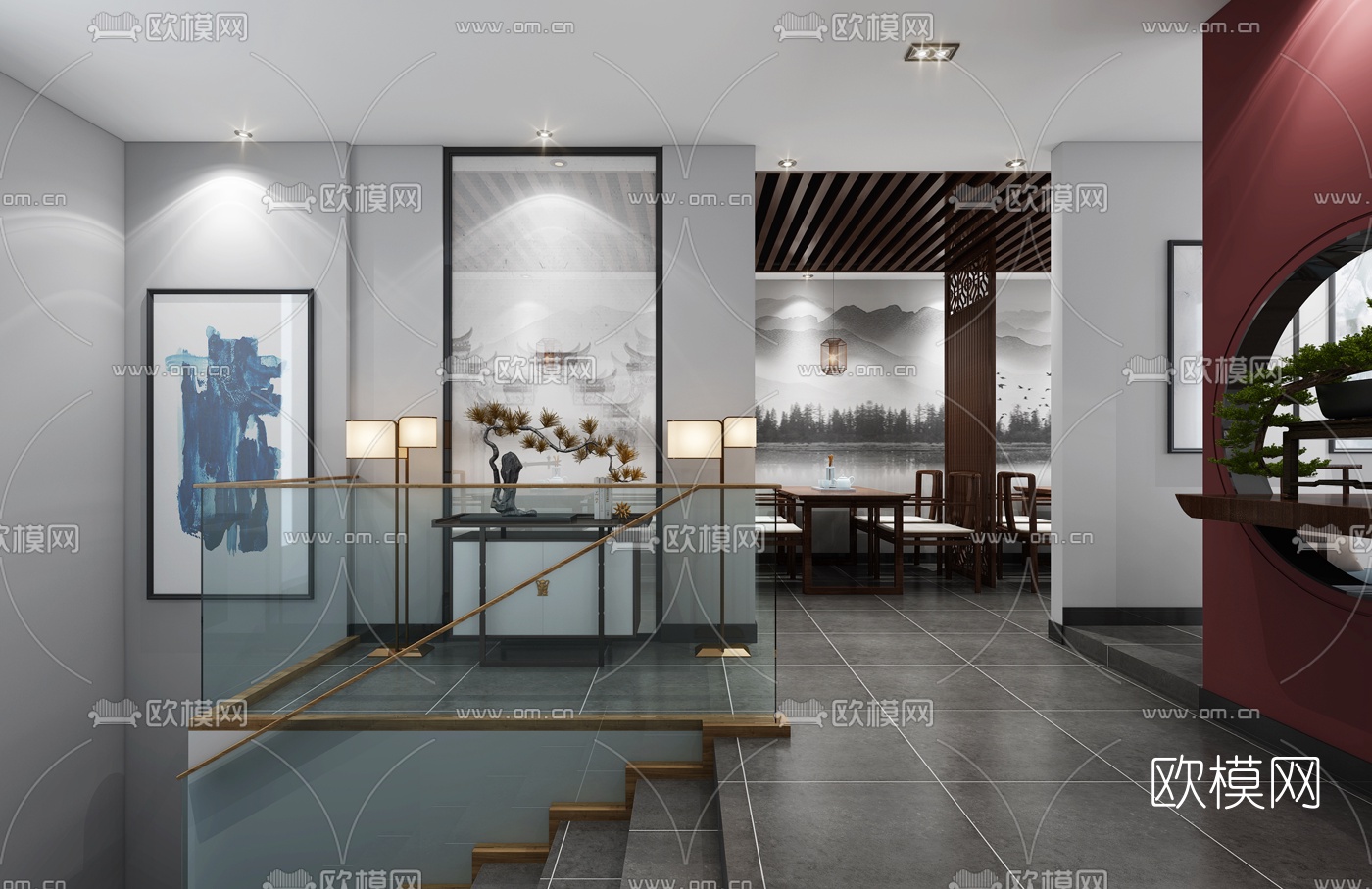 新中式主题餐厅3d模型