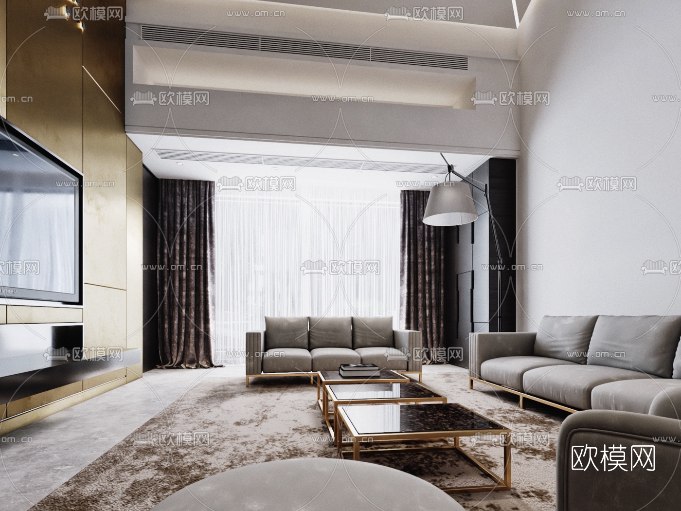 现代别墅客厅餐厅书房3D模型下载（渲染图4）