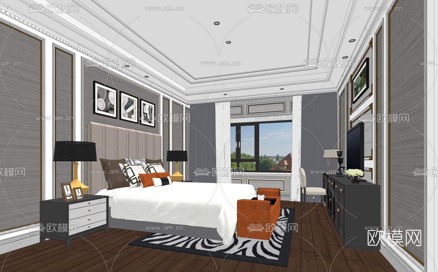简欧卧室主人房su模型