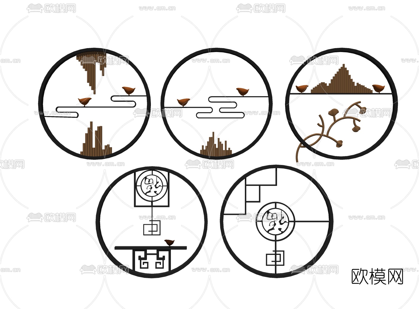新中式金属墙饰挂件组合su模型下载