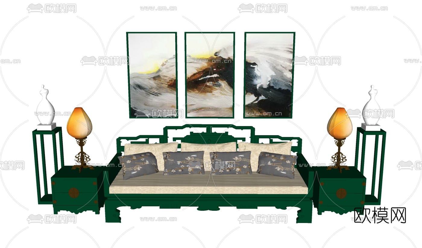 中式罗汉床组合免费su模型下载