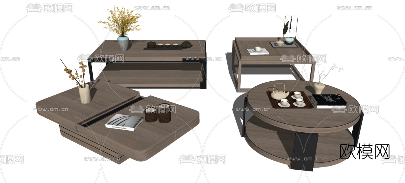 新中式实木茶几组合su模型下载