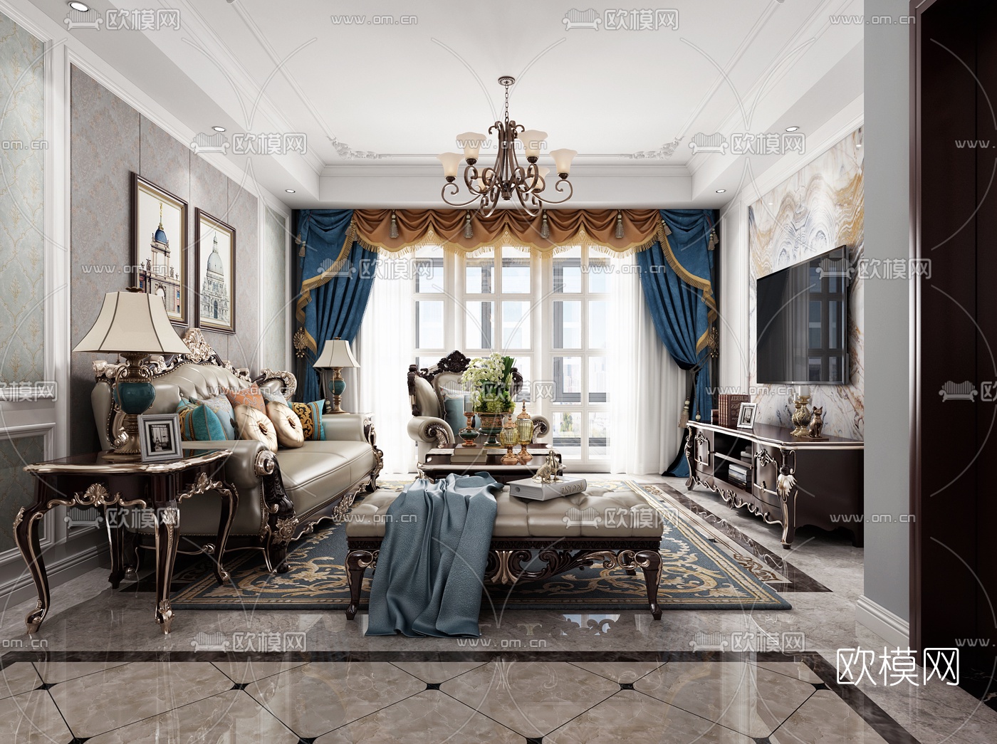 欧式客餐厅3d模型下载（渲染图3）