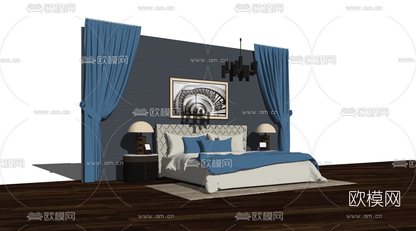 现代轻奢双人床组合su模型下载（渲染图3）