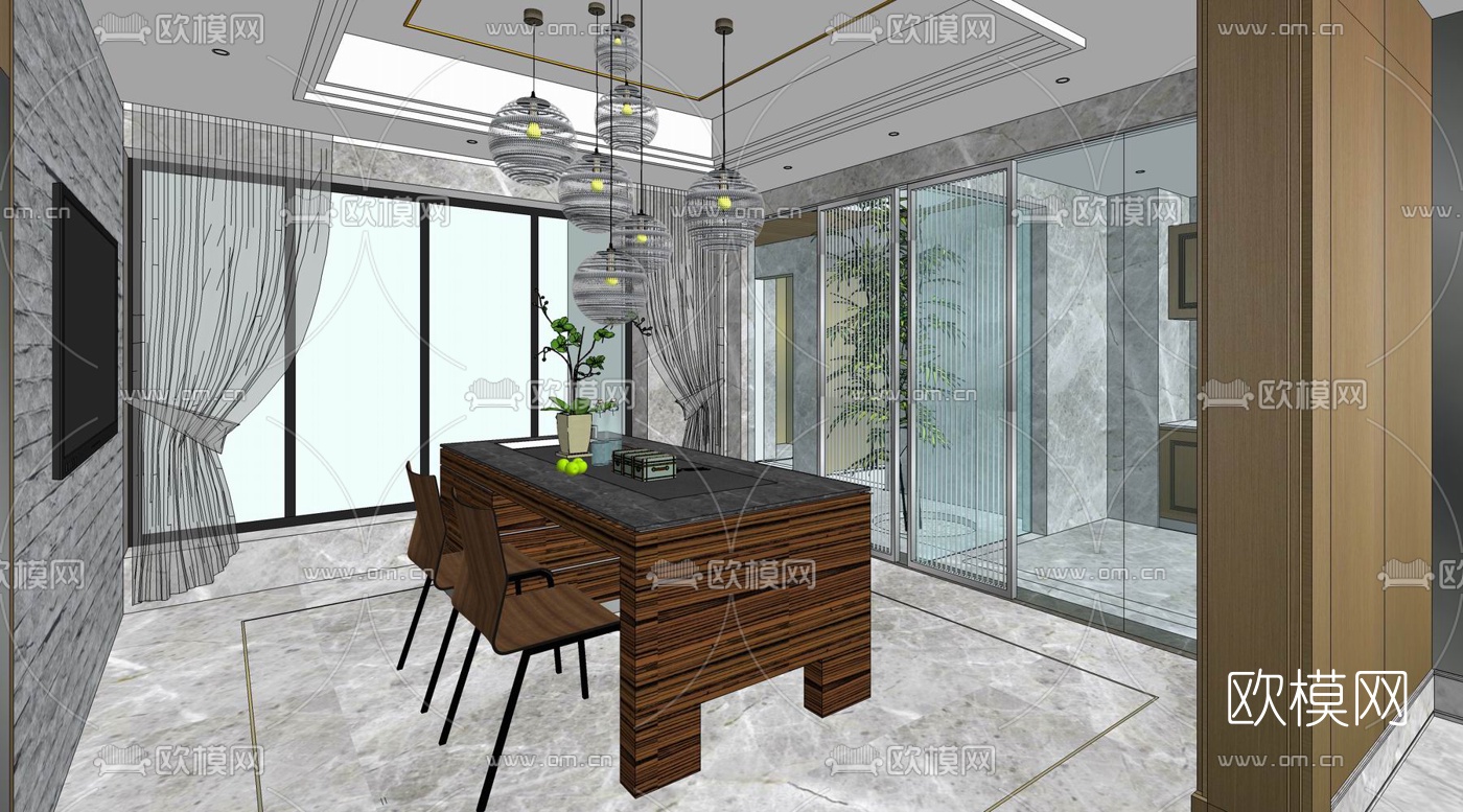 新中式客餐厅su模型下载（渲染图3）